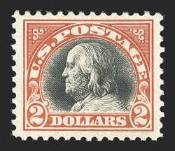 523, $2.00 Orange red and black, excellent centering within large margins, fresh unblemished colors, o.g., l.h., extremely fine.