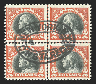 523, $2.00 Orange red and black, rare and eye-catching used centerline block of four, well centered and completely free of the myriad faults that plague most used examples of
this stamp, strong and intact, beautifully cancelled by perfectly stru