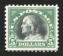 524, $5.00 Deep green and black, precisely centered within large balanced margins, o.g., n.h., fresh and extremely fine.