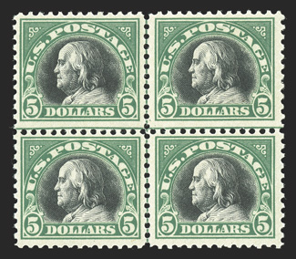 524, $5.00 Deep green and black, centerline block of four, rich colors, fresh and intact, o.g., top pair l.h. and the bottom stamps n.h., fine-very fine.
