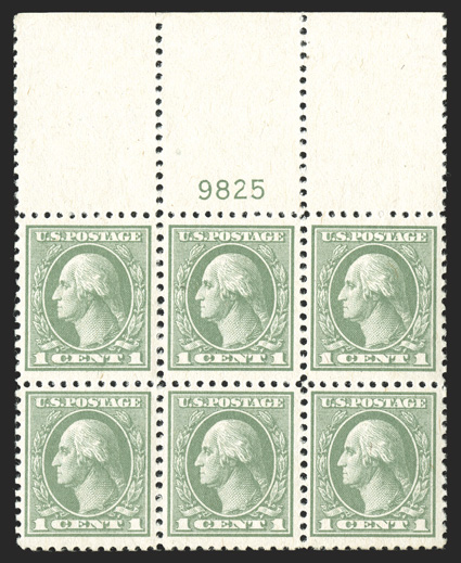 525, 1c Gray green offset, select full top margin plate no. 9825 block of six, outstanding centering and wonderfully fresh, crisp and intact, pristine o.g., n.h., extremely
fine.
