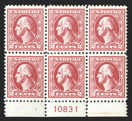 526, 2c Carmine offset, Ty. IV, especially choice bottom margin plate no. 10831 block of six, featuring outstanding centering throughout, with each stamp being precisely
centered, striking intense color on fresh white paper, o.g., n.h., extremel