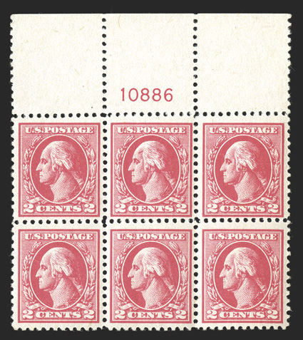 526 var., 2c Carmine offset, Ty. IV, gash on forehead, full top margin plate no. 10886 block of six, the top center stamp the variety, fresh and well centered, crisp and
intact, o.g., n.h., very fine and rare.