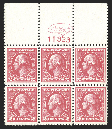 528, 2c Carmine offset, Ty. Va, gem full top margin plate no. 11333 block of six, with plate printers engraved initials OAM in the selvage above the plate number, beautifully
centered throughout, with each stamp being incredibly well centered