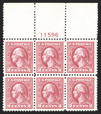 528, 2c Carmine offset, Ty. Va, an extraordinarily choice full top margin plate no. 11596, boasting near perfect centering amid lavishly large margins all around, which are
most uncharacteristic of a plate block, bright and fresh, strong and int