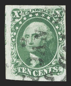 15, 10c Green, Ty. III, huge margins to ample at right, including a bit of the adjacent stamp at left, bright and fresh, town cancel, choice very fine.