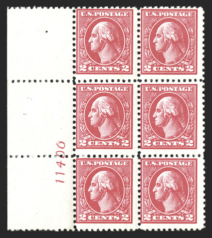 528, 2c Carmine offset, Ty. Va, left margin plate no.11400 block of six, with the plate number roughly engraved by hand, intense color, o.g., bottom left stamp l.h., the rest
n.h., fine and quite unusual.