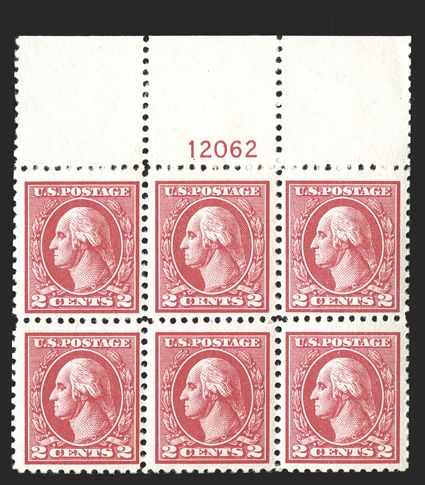 528 var., 2c Carmine offset, Ty. Va, CRNTS variety, full top margin plate no. 12062 block of six, the top center stamp the variety, rich color on crisp white paper, strong and
intact, o.g., n.h., very fine and scarce.