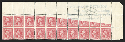 528 var., 2c Carmine offset, Ty. Va, a most remarkable top sheet-margin block of twenty, being the top two rows from the pane, with full selvage at right and imperforate part
arrow margin at left, showing seven top right stamps partially print