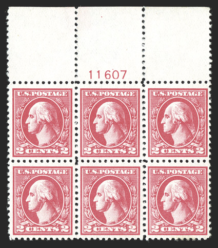 528A, 2c Carmine offset, Ty. VI, full top margin plate no. 11607 block of six, incredibly well centered for this always difficult plate block, bright and fresh, strong and
intact perforations all around, o.g., h.r.s in the ungummed selvage only
