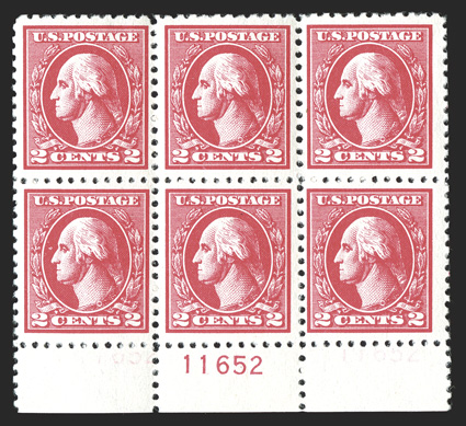 528A, 2c Carmine offset, Ty. VI, post office fresh bottom margin plate no. 11652 block of six, intense color and strong impression on crisp white paper, unusually well
centered, o.g., n.h., very fine.