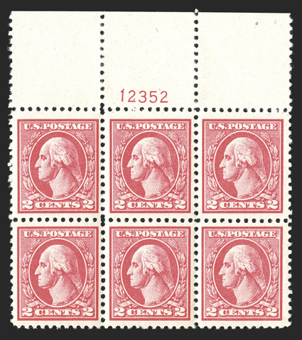 528B, 2c Carmine offset, Ty. VII, full top margin plate no. 12352 block of six, wonderfully well centered, exceptionally fresh and intact, pristine o.g., n.h., extremely fine
and choice.