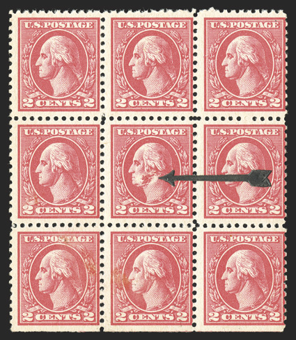 528B var., 2c Carmine offset, Ty. VII, retouch on cheek, bottom margin mint block of nine, the center stamp the variety, in addition the top middle stamp is thevertical scratch
through face variety, o.g., two bottom stamps small h.r., top st