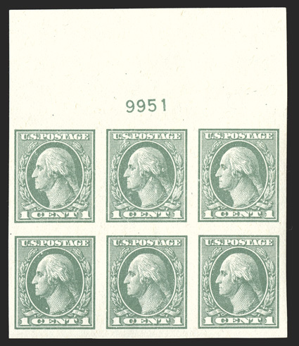 531, 1c Green offset imperforate, full top margin plate no. 9951 block of six, large margins, bright and fresh, o.g., n.h., extremely fine.