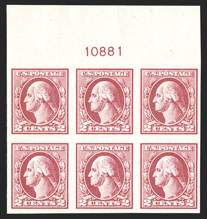 532, 2c Carmine rose offset imperforate, Ty. IV, full top margin plate no. 10881 block of six, bright and fresh, generous even margins, o.g., n.h., trivial natural inclusion,
choice very fine.