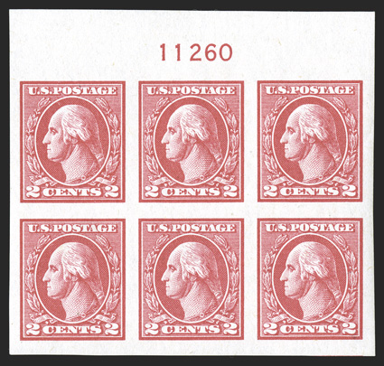 533, 2c Carmine offset imperforate, Ty. V, choice top margin plate no. 11260 block of six, with oversized margins all around, rich color on crisp clean paper without any of the
usual paper inclusions, immaculate o.g., n.h., extremely fine.