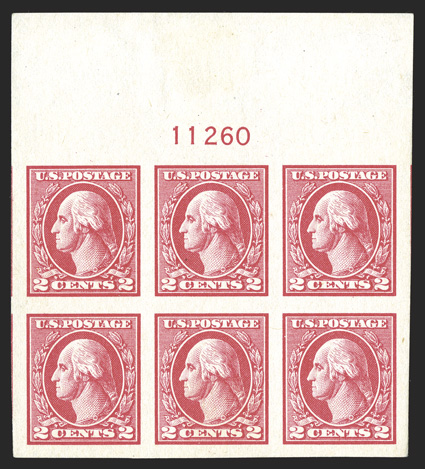 533, 2c Carmine offset imperforate, Ty. V, top margin plate no.11260 block of six, with extravagantly wide margins all around, rich color on clean fresh paper, o.g., left
stamps with a gum disturbance, the others all n.h., extremely fine.