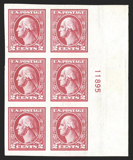 533, 2c Carmine offset imperforate, Ty. V, right margin plate no. 11895 block of six, lavishly large margins, strong color and impression, o.g., n.h., extremely
fine.