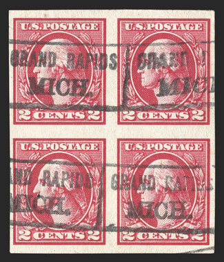 533, 2c Carmine offset imperforate, Ty. V, block of four, used with Grand Rapids, Mich. roller cancels, ample to mostly large margins, bottom left stamp with small natural
inclusion, fresh and very fine.