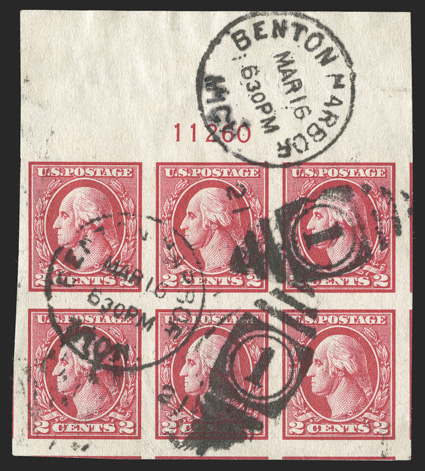 533, 2c Carmine offset imperforate, Ty. V, full top margin plate no. 11260 block of six, used with usual Benton Harbor, Mich.Mar 16, 1921 duplex postmarks, lavishly large
margins all around, including bits of six surrounding stamps, rich colo