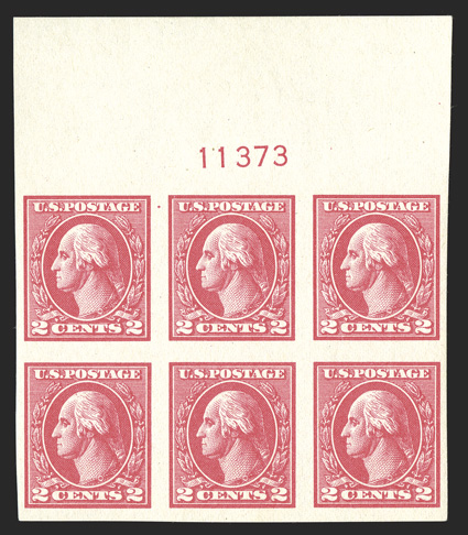 534, 2c Carmine offset imperforate, Ty. Va, full top margin plate no. 11373 block of six, large margins, bright and fresh, o.g., l.h. in the ungummed selvage, the stamps n.h.,
extremely fine.