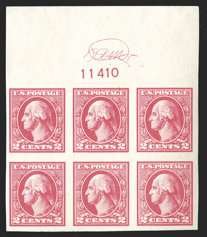 534, 2c Carmine offset imperforate, Ty. Va, full top margin plate no. 11410 and engraved plate printers initials OAM block of six, large margins, o.g., top stamps n.h.,
extremely fine.