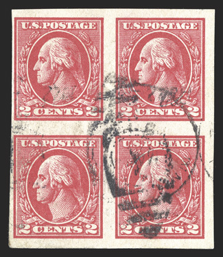 534B, 2c Carmine offset imperforate, Ty. VII, an exceedingly rare used block of four of this very scarce type, mostly huge margins to ample at left, 1922 duplex postmark not
obscuring the type characteristics, very fine 1969 PF certificate e