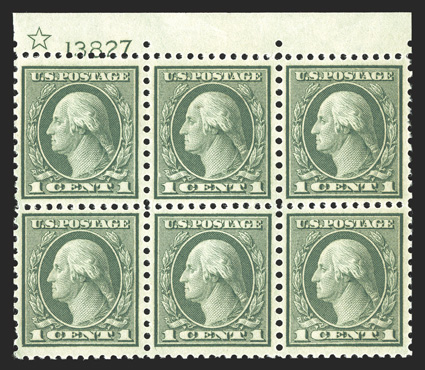 538, 1c Green coil waste, perf. 11x10, phenomenal top margin star and plate no. 13827 block of six, boasting magnificent centering, with each stamp being incredibly well
centered amid lavishly large margins which are most uncharacteristic of thi