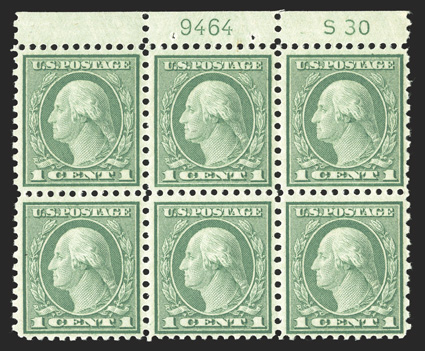 538, 1c Green coil waste, perf. 11x10, top margin S30 and plate no. 9464 block of six, excellent centering for this difficult coil waste issue, strong and intact, o.g., n.h.,
top center stamp with owners handstamp on gum, very fine.