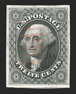 17, 12c Black, an eye-catching used single in a quality not often seen, featuring four large to extra-large margins, with a portion of the frame line from the adjacent stamp at
bottom, striking prooflike color and impression on uncommonly bright