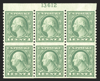 538a, 1c Green, imperforate horizontally, especially handsome top margin plate no. 13612 block of six, excellent centering and margins, post office fresh, o.g., n.h., extremely
fine and scarce only 100 plate blocks are possible, however most ar