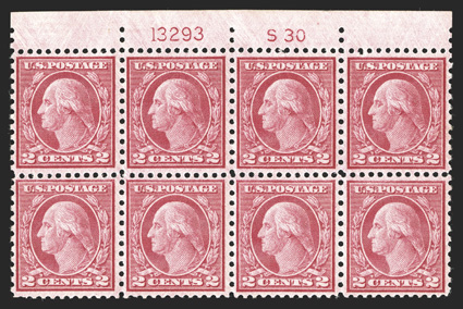 540, 2c Carmine rose coil waste, Ty. III, perf. 11x10, top margin S30 and plate no. 13293 block of eight, remarkably well centered for this difficult coil waste issue, fresh
and intact, o.g., l.h., choice very fine.