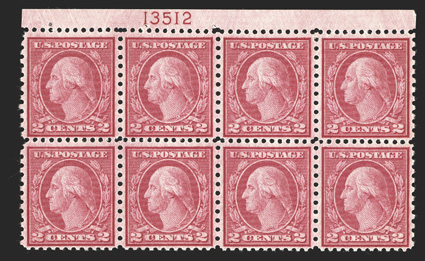 540, 2c Carmine rose coil waste, Ty. III, perf. 11x10, top margin plate no. 13512 block of eight, well centered for this, crisp and intact, o.g., l.h., two stamps n.h., very
fine.