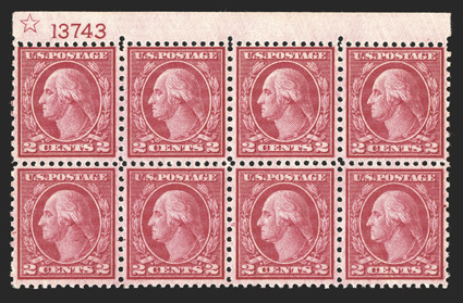 540, 2c Carmine rose coil waste, Ty. III, perf. 11x10, top margin star and plate no. 13743 block of eight, fresh and well centered, o.g., l.h., two stamps n.h., very
fine.