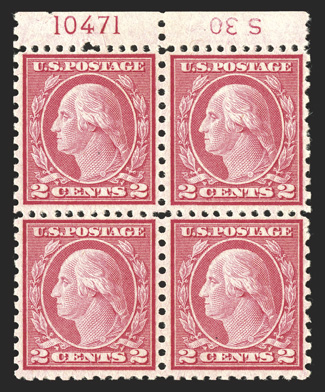 540, 2c Carmine rose coil waste, Ty. III, perf. 11x10, top margin S30 inverted and plate no. 10471 block of four, unusually well centered, strong and intact, o.g., l.h., bottom
stamps n.h., very fine.