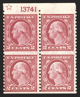 540a, 2c Carmine rose, imperforate horizontally, top margin star and plate no. 13741 block of four, o.g., bottom left stamp with tiny thinned spot, otherwise fine and scarce
only 50 star and plate number blocks are possible.
