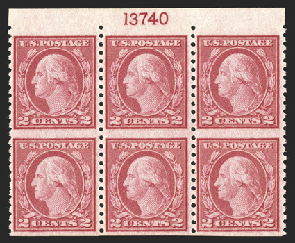 540a, 2c Carmine rose, imperforate horizontally, top margin plate no. 13740 block of six, post office fresh, nicely centered and margined, o.g., n.h., very fine and scarce only
50 plate number only blocks are possible, however most are plate bl