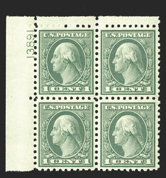 543, 1c Green coil waste, perf. 10, gem top left corner margin plate no. 13891 block of six, perfectly centered, post office fresh, o.g., n.h., extremely fine and
choice.