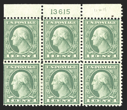 545, 1c Green coil waste, perf. 11, top margin plate no. 13615 block of six, remarkably well centered, strong and intact, natural s.e. at left, o.g., bottom left pair light
h.r., others l.h. or n.h., very fine seldom found both this well center