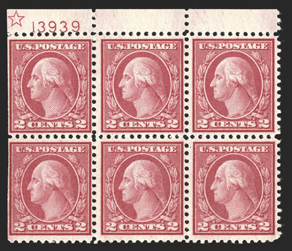 546, 2c Carmine rose coil waste, Ty. III, perf. 11, attractive and scarce top margin star and plate no. 13939 block of six, uncommonly well centered for this difficult coil
waste issue, strong and intact, o.g., l.h., bottom right stamp n.h., ver