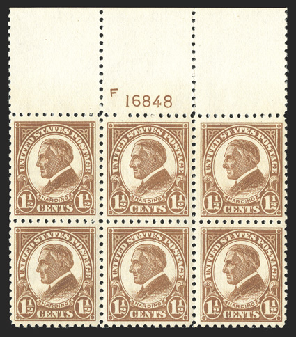 553, 1½c Yellow brown, truly exceptional full top margin plate no. 16848 block of six, being extraordinarily well centered, each stamp incredibly well centered within balanced
margins, wonderfully fresh, with strong and intact perforations, pris
