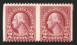 554a, 2c Carmine, imperforate vertically, horizontal pair, typical centering, o.g., l.h., trivial gum wrinkle, fine and scarce.