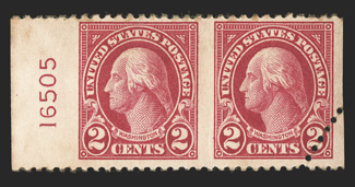 554a, 2c Carmine, imperforate vertically, left sheet-margin plate no. 16505 horizontal pair, the right stamp with some freak diagonal perforations at lower right, regummed,
fine and scarce.