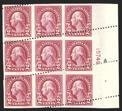 554a, 2c Carmine, imperforate vertically, extremely rare right margin plate no. 15749 block of nine, with misplaced horizontal perforations, large margins all around, o.g.,
couple h.r. reinforcements, vertical crease through the center row and t