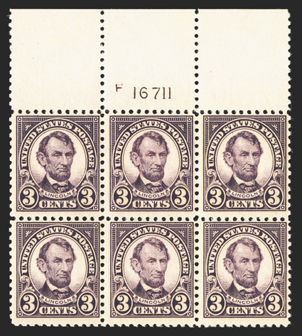 555, 3c Violet, full top margin plate no. 16711 block of six, deep rich color on fresh paper, o.g., n.h., fine.
