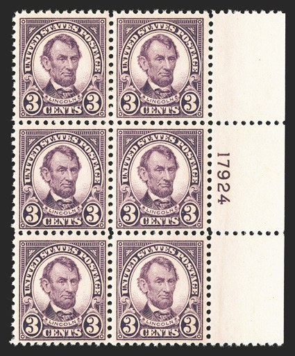 555, 3c Violet, right margin plate no. 17924 block of six, particularly well centered, post office fresh and intact, o.g., n.h., very fine.