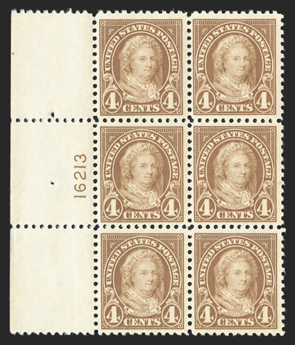 556, 4c Yellow brown, choice left margin plate no. 16213 block of six, outstanding centering, post office fresh and intact, pristine o.g., n.h., extremely
fine.