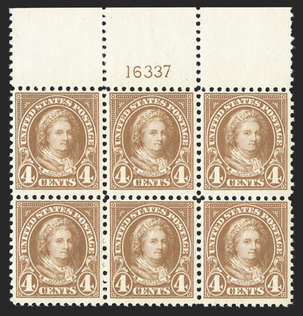 556, 4c Yellow brown, top margin plate no. 16337 block of six, exceptionally fresh, crisp and intact, o.g., n.h., nearly very fine.