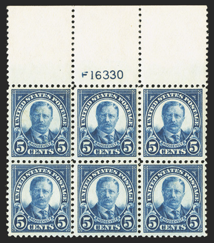 557, 5c Dark blue, lovely full top margin plate no. 16330 block of six, excellent centering, deep rich color on fresh white paper, strong and intact perforations, o.g., n.h.,
extremely fine and handsome.