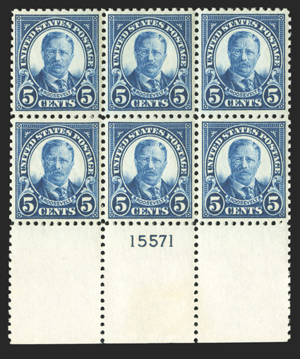 557, 5c Dark blue, choice wide bottom margin plate no. 15571 block of six, intense color contrasted by bright white paper, extraordinarily well centered throughout, post office
fresh and intact, o.g., n.h., extremely fine a gem plate block.